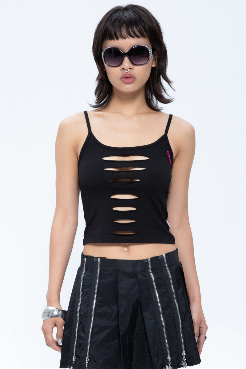 Punkyfish Slashed Siren Rib Tank Top - Jet Black