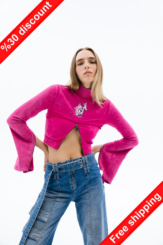 Zip Crop Sweatshirt Fuchsia Punkyfish Retro style