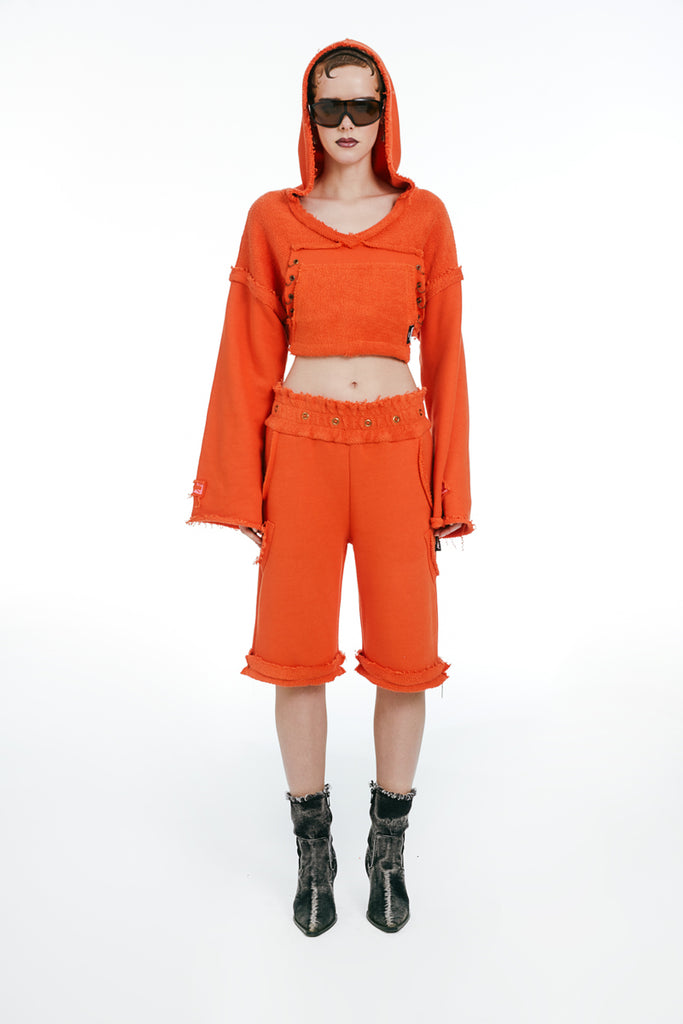 Hooded Cropped Sweatshirt and Joggers With Zipper Orange