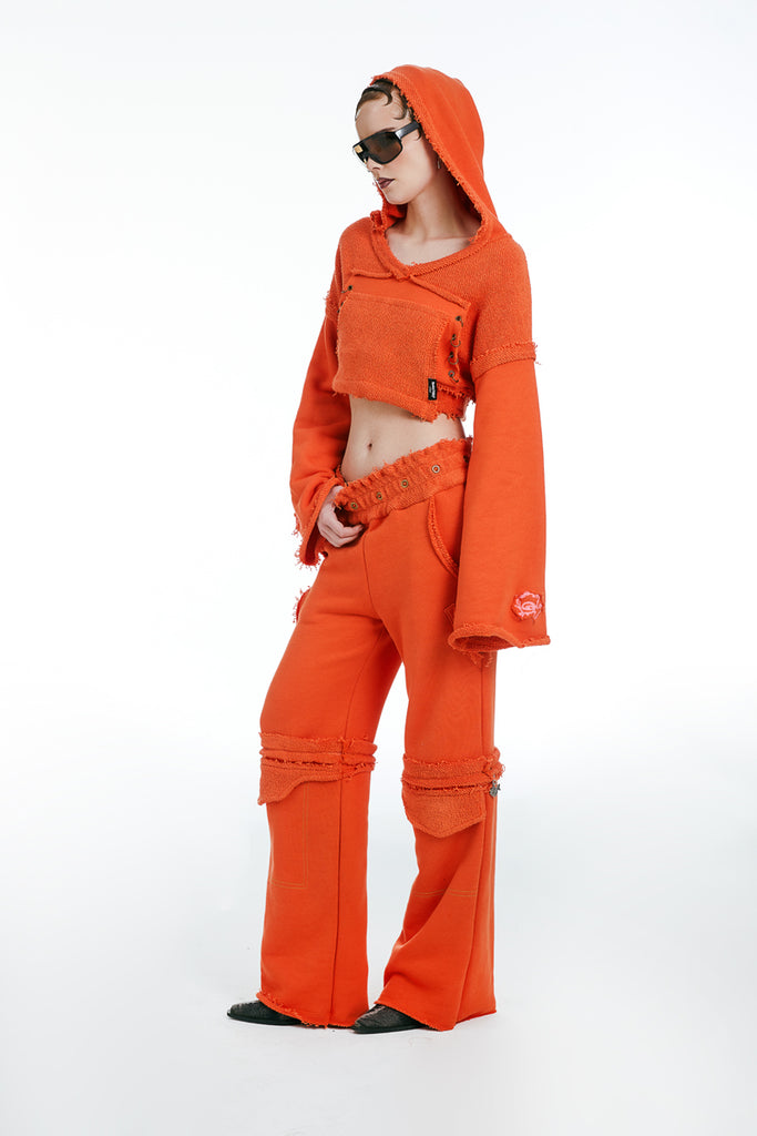 Hooded Cropped Sweatshirt and Joggers With Zipper Orange