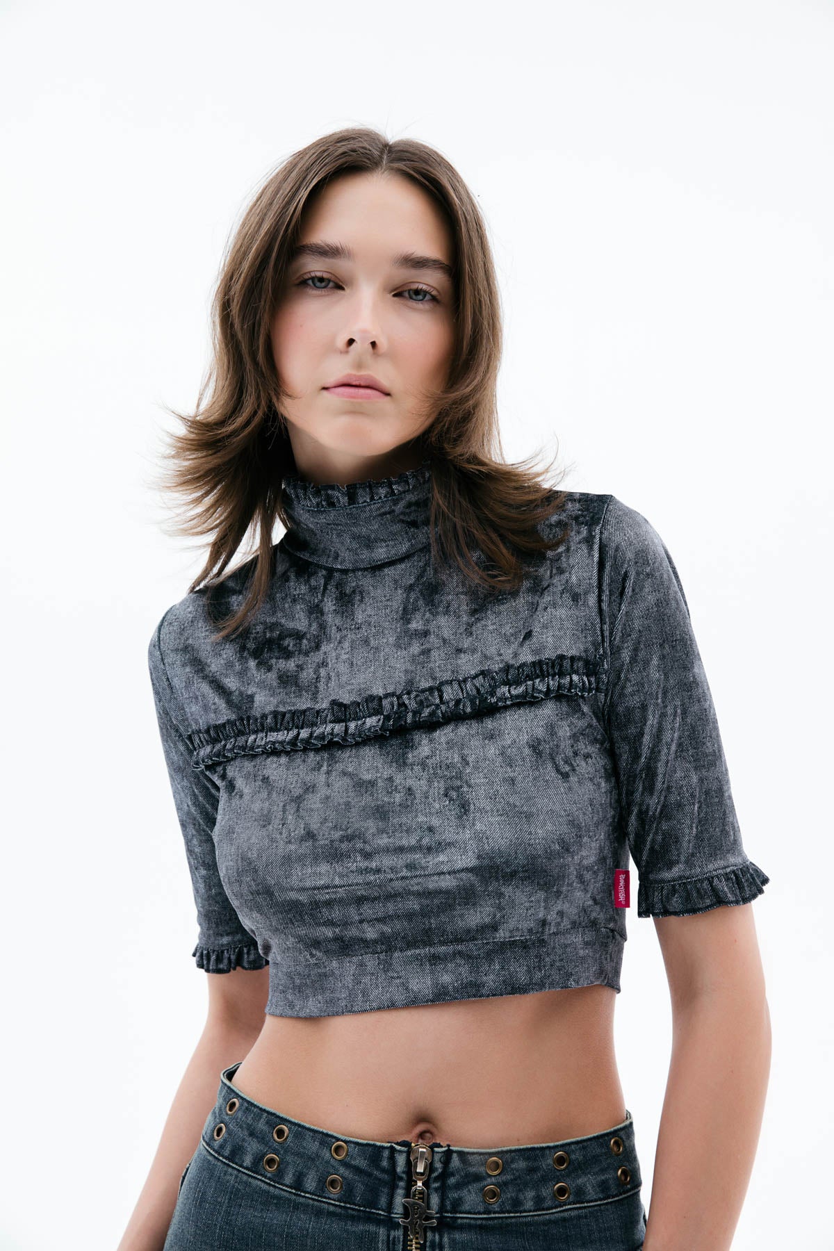 Metallic Blue Grey Crop Velvet Top
