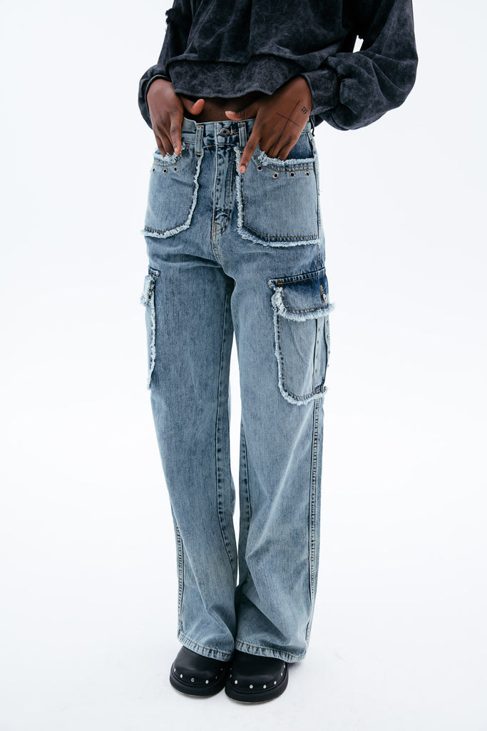 Ice Blue Wide-Leg Cargo Jeans