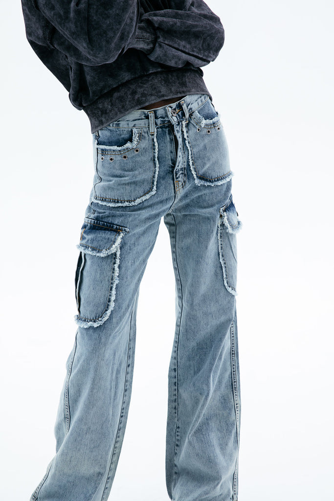 Ice Blue Wide-Leg Cargo Jeans