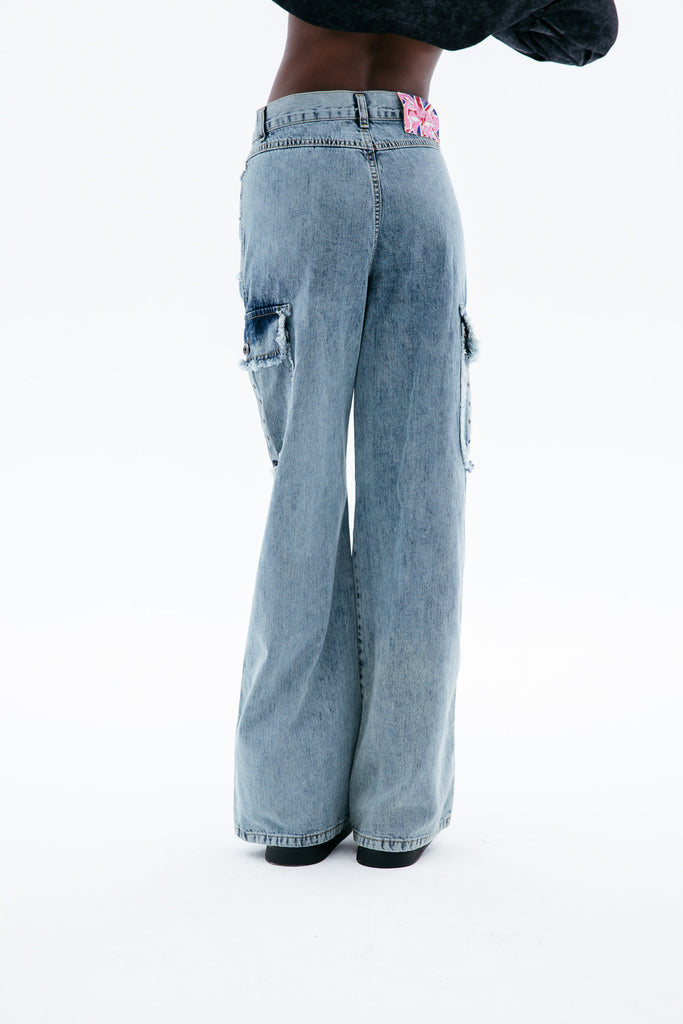 Ice Blue Wide-Leg Cargo Jeans