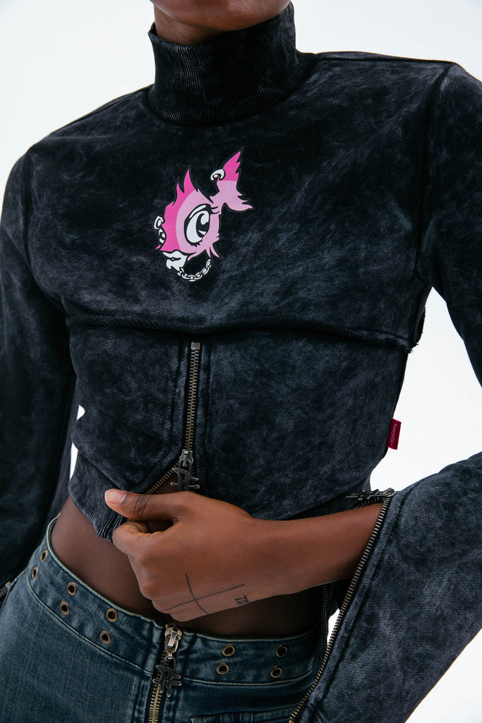 Punkyfish Cropped Sweatshirt With Zip Black
