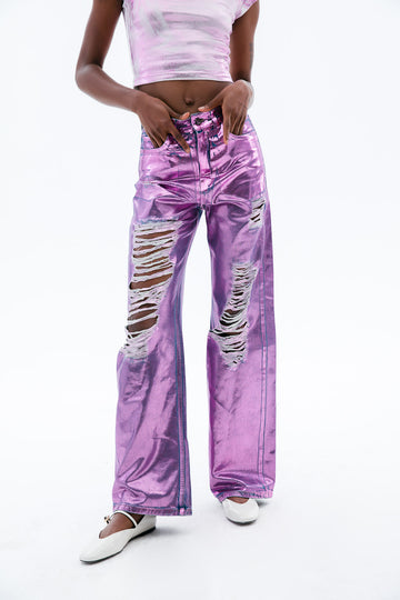 Pink Wide-Leg Metallic Jeans