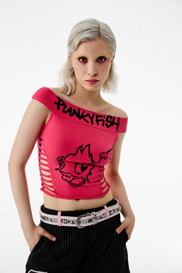 Punkyfish Off the Shoulder Cropped  Top Fuchsia